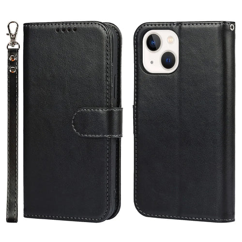 For iPhone 14 Wallet Phone Case R61 Texture Felled Seam PU Leather Phone Stand Cover - Black - 1