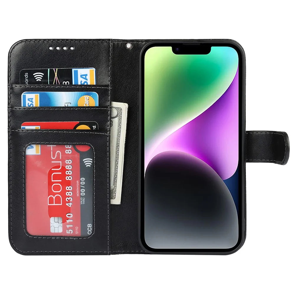 For iPhone 14 Wallet Phone Case R61 Texture Felled Seam PU Leather Phone Stand Cover - Black - 2