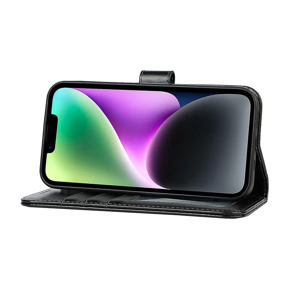 For iPhone 14 Wallet Phone Case R61 Texture Felled Seam PU Leather Phone Stand Cover - Black - 3