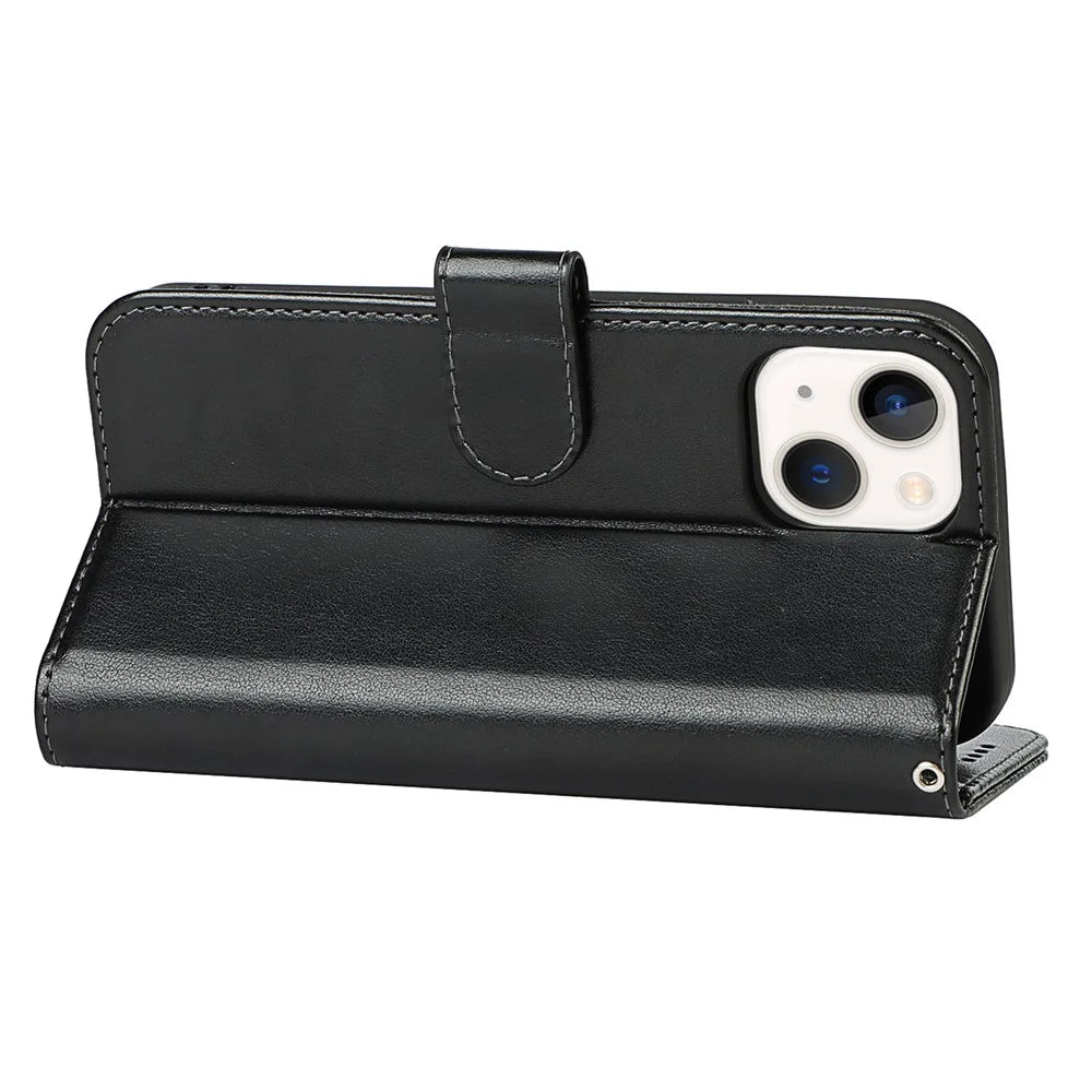 For iPhone 14 Wallet Phone Case R61 Texture Felled Seam PU Leather Phone Stand Cover - Black - 4