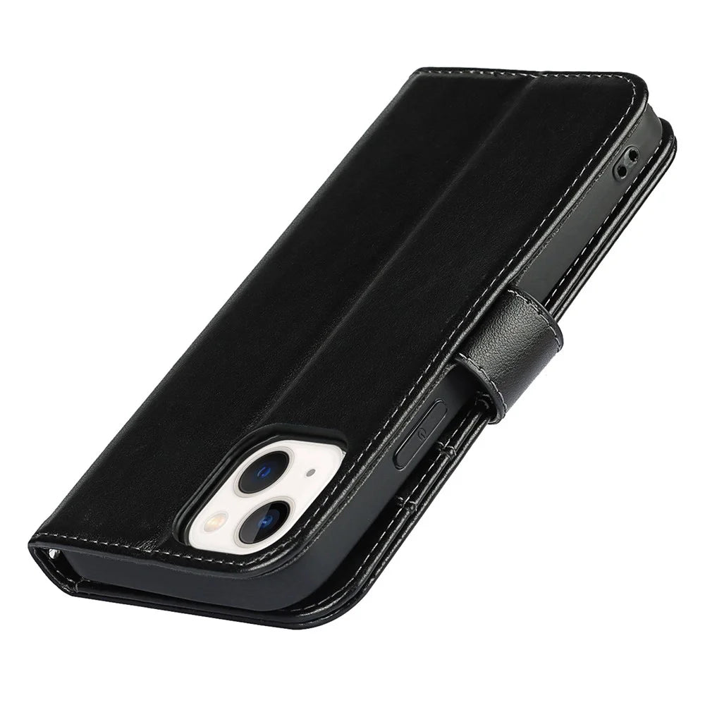 For iPhone 14 Wallet Phone Case R61 Texture Felled Seam PU Leather Phone Stand Cover - Black - 6