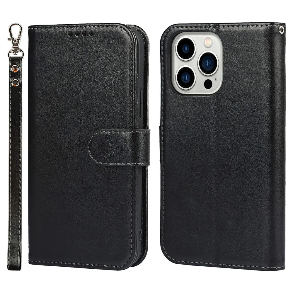 For iPhone 14 Pro Phone Leather Case R61 Texture Felled Seam Phone Cover with Stand Wallet - Black - 1