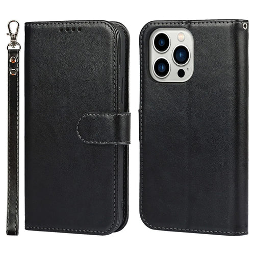 For iPhone 14 Pro Phone Leather Case R61 Texture Felled Seam Phone Cover with Stand Wallet - Black - 1
