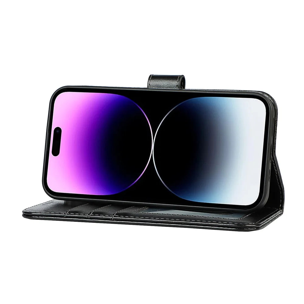 For iPhone 14 Pro Phone Leather Case R61 Texture Felled Seam Phone Cover with Stand Wallet - Black - 3