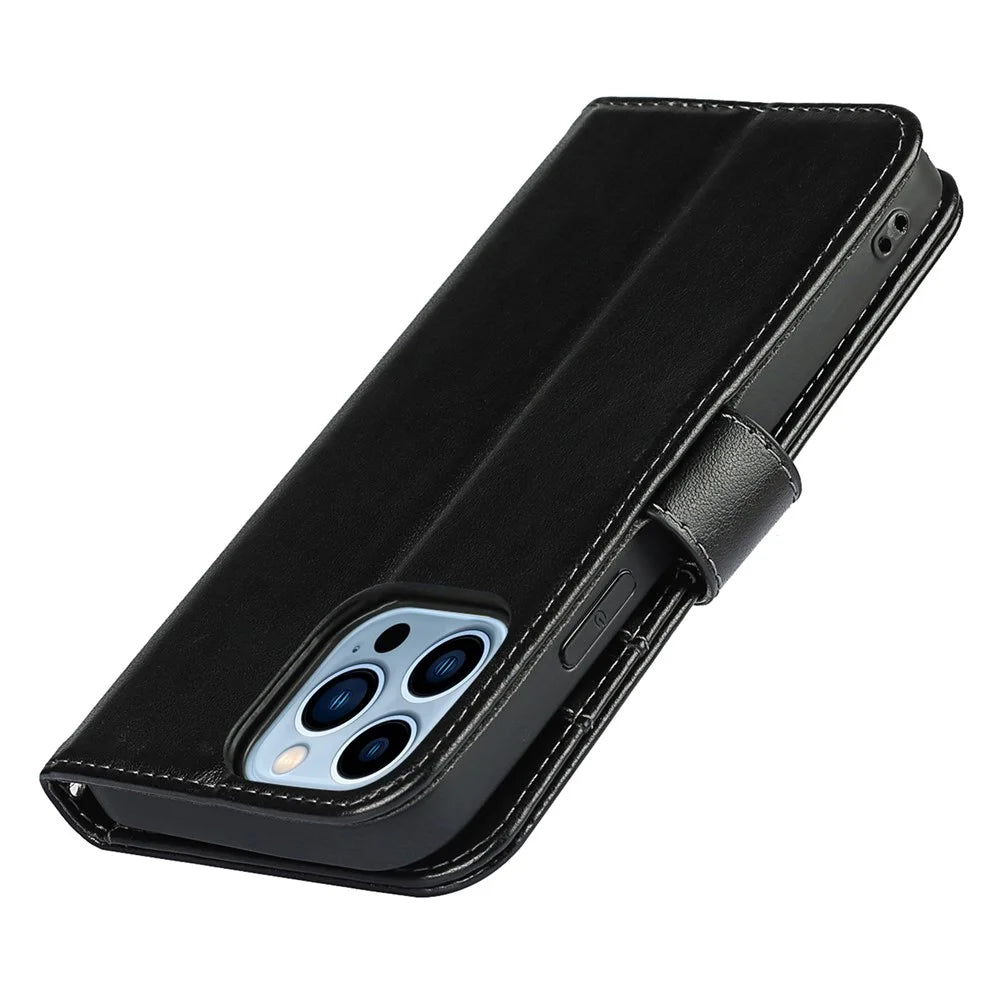 For iPhone 14 Pro Phone Leather Case R61 Texture Felled Seam Phone Cover with Stand Wallet - Black - 6