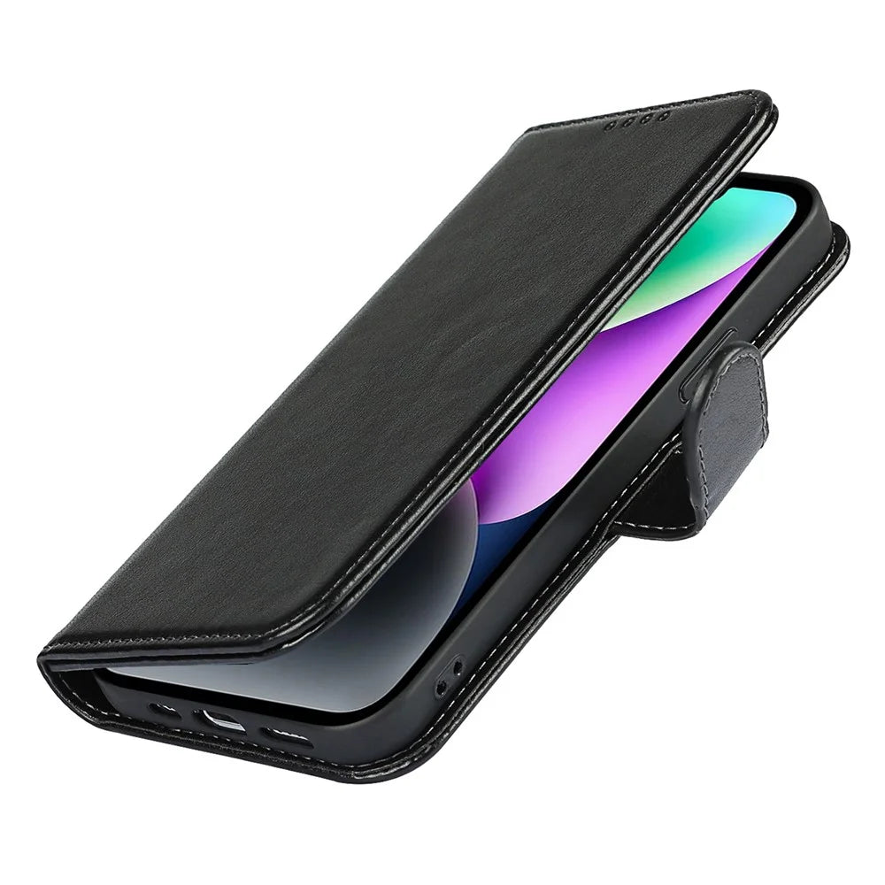 For iPhone 14 Plus PU Leather Phone Wallet Stand Case R61 Texture Felled Seam Phone Cover - Black - 7