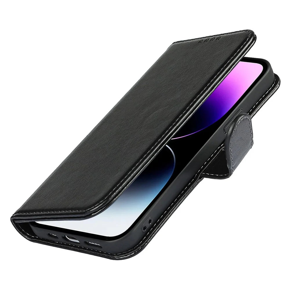 For iPhone 14 Pro Max Leather Phone Cover R61 Texture Felled Seam Phone Case with Wallet Stand - Black - 7