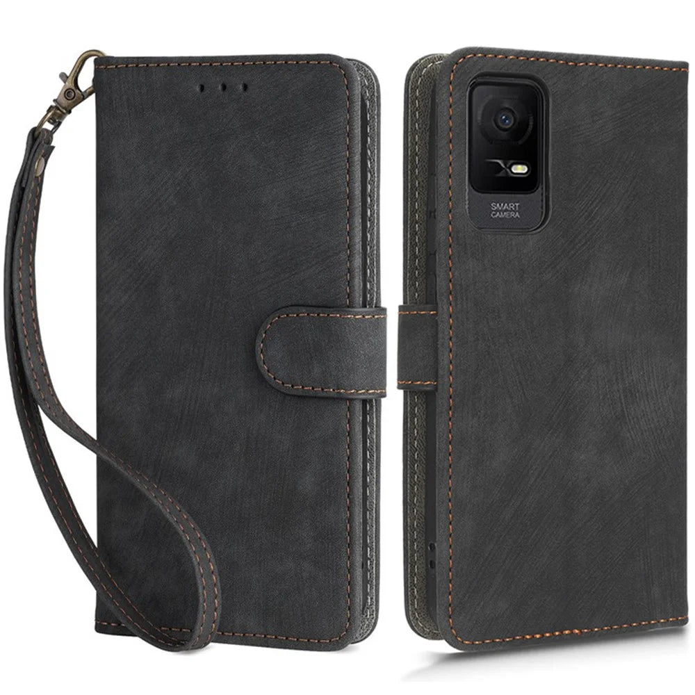 For TCL Ion X RFID Blocking PU Leather Phone Case Stand Phone Wallet Shockproof Cover with Strap - Black - 1