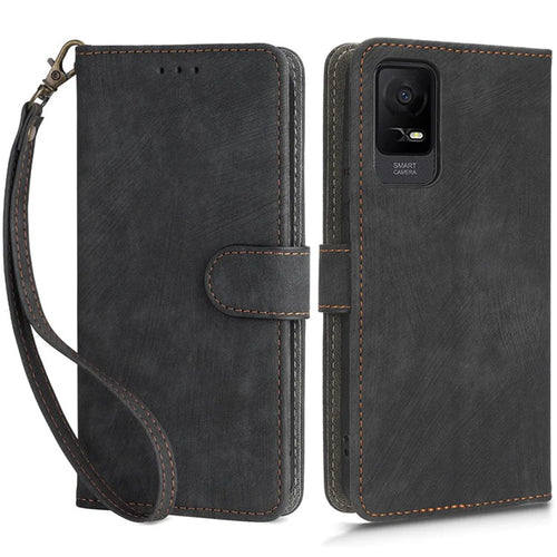 For TCL Ion X RFID Blocking PU Leather Phone Case Stand Phone Wallet Shockproof Cover with Strap - Black - 1
