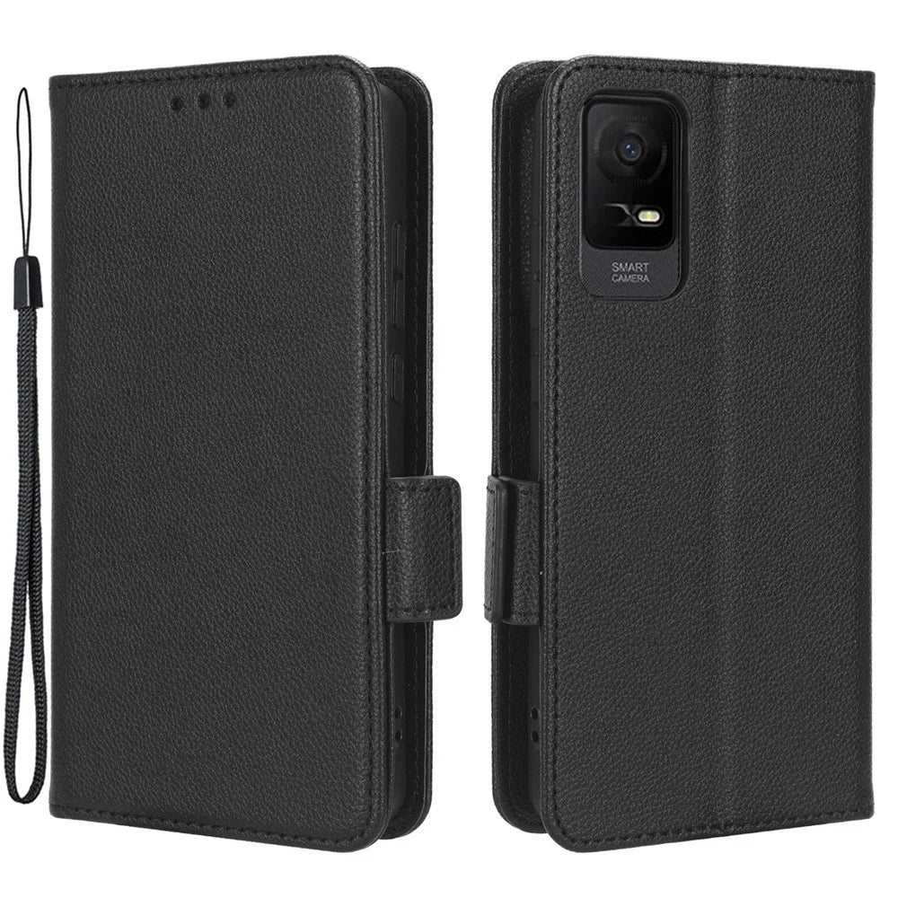 For TCL Ion X Shockproof Litchi Texture Leather Protective Case Phone Stand Wallet Cover - Black - 1