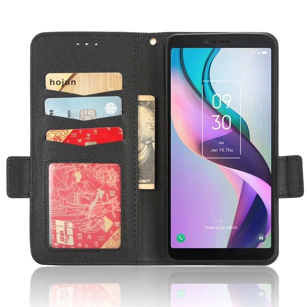 For TCL Ion X Shockproof Litchi Texture Leather Protective Case Phone Stand Wallet Cover - Black - 2