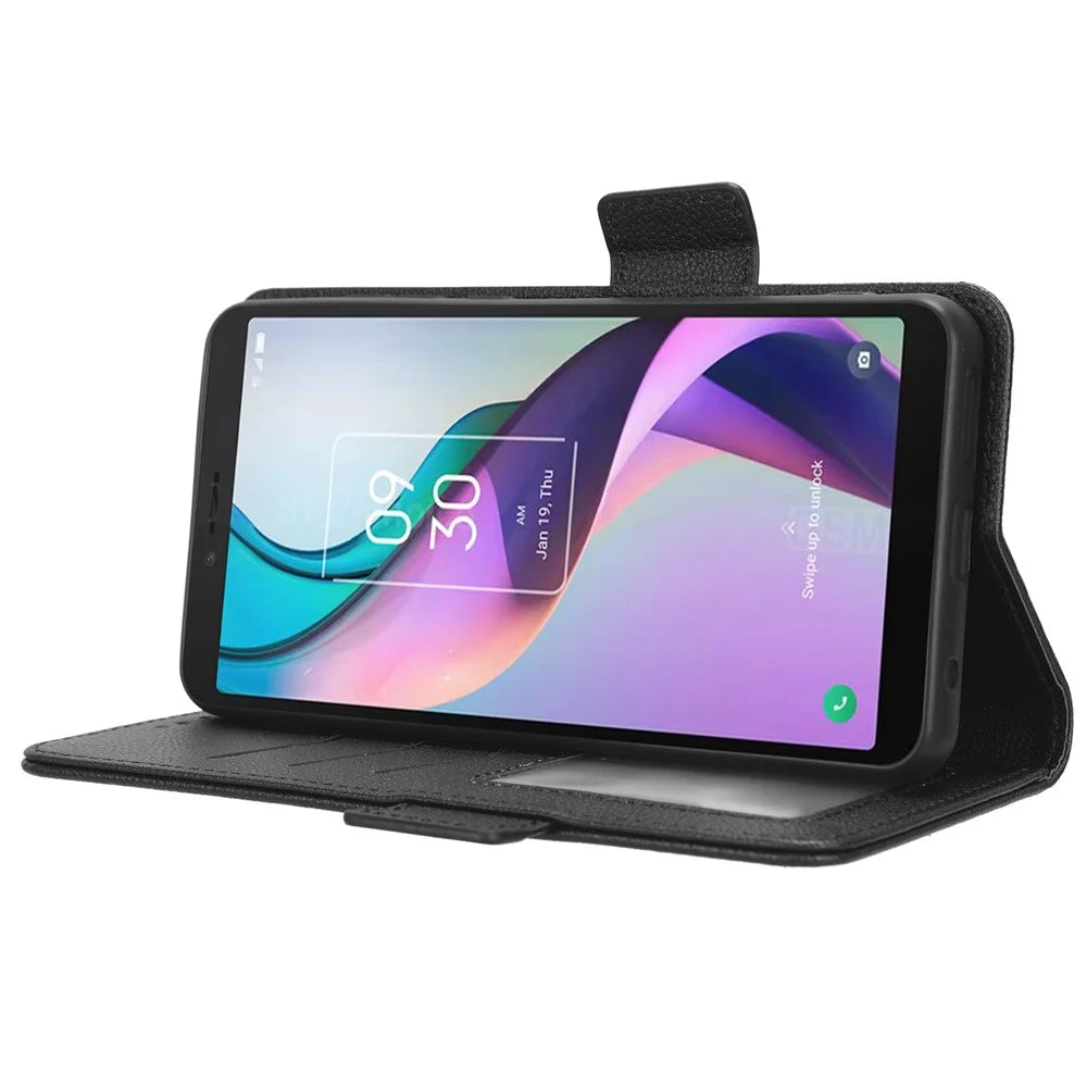 For TCL Ion X Shockproof Litchi Texture Leather Protective Case Phone Stand Wallet Cover - Black - 3