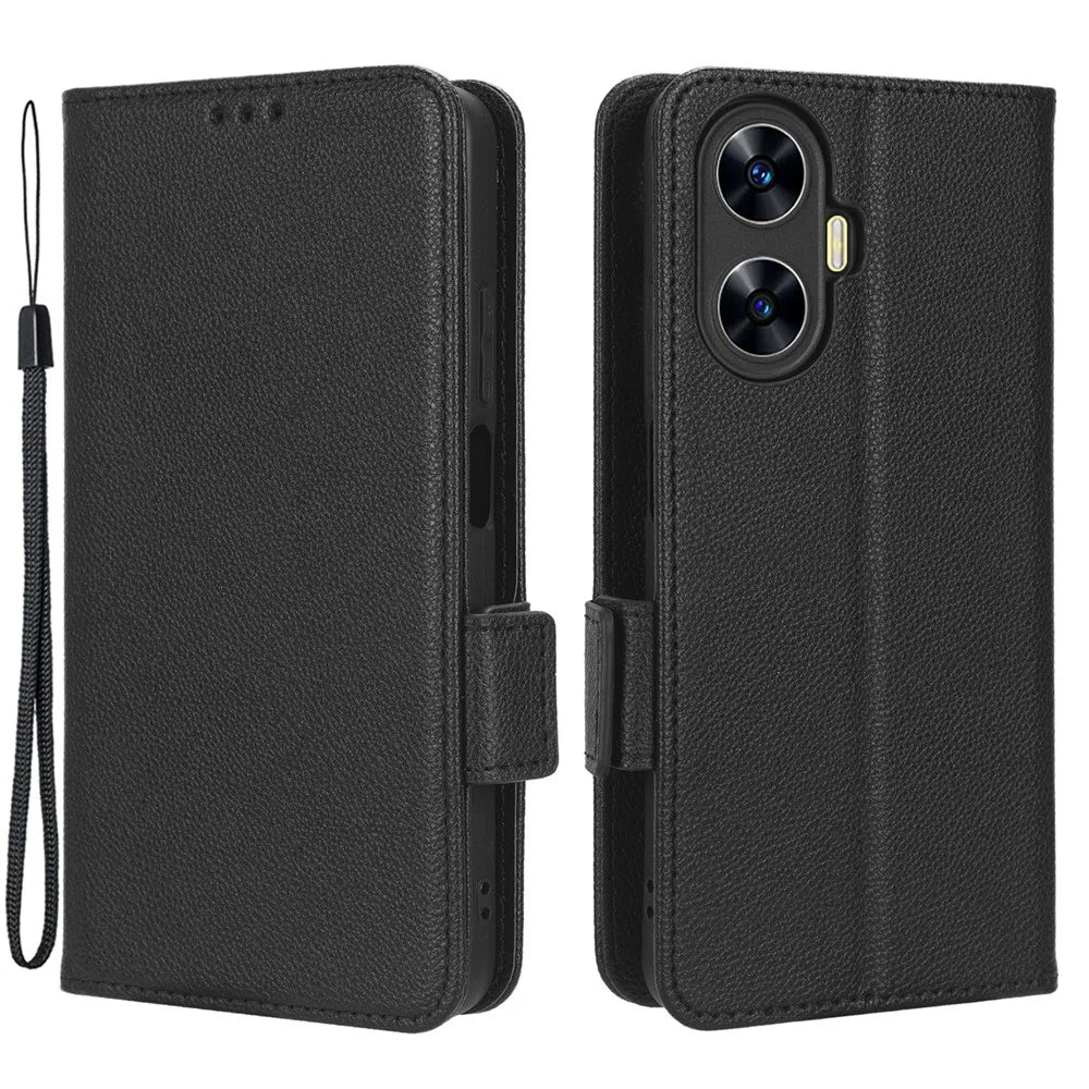 For Realme C55 / Narzo N55 4G Shockproof Leather Protective Case Litchi Texture Phone Stand Wallet Cover - Black - 1