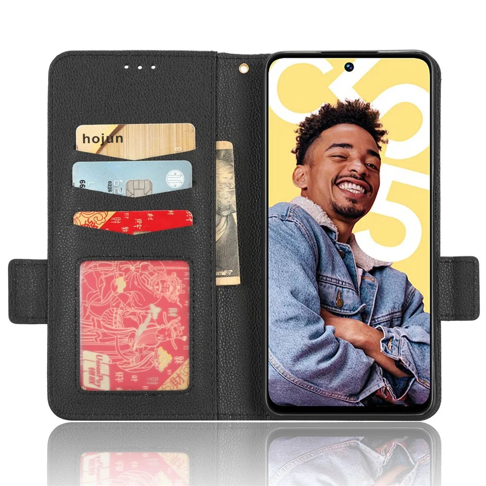 For Realme C55 / Narzo N55 4G Shockproof Leather Protective Case Litchi Texture Phone Stand Wallet Cover - Black - 2