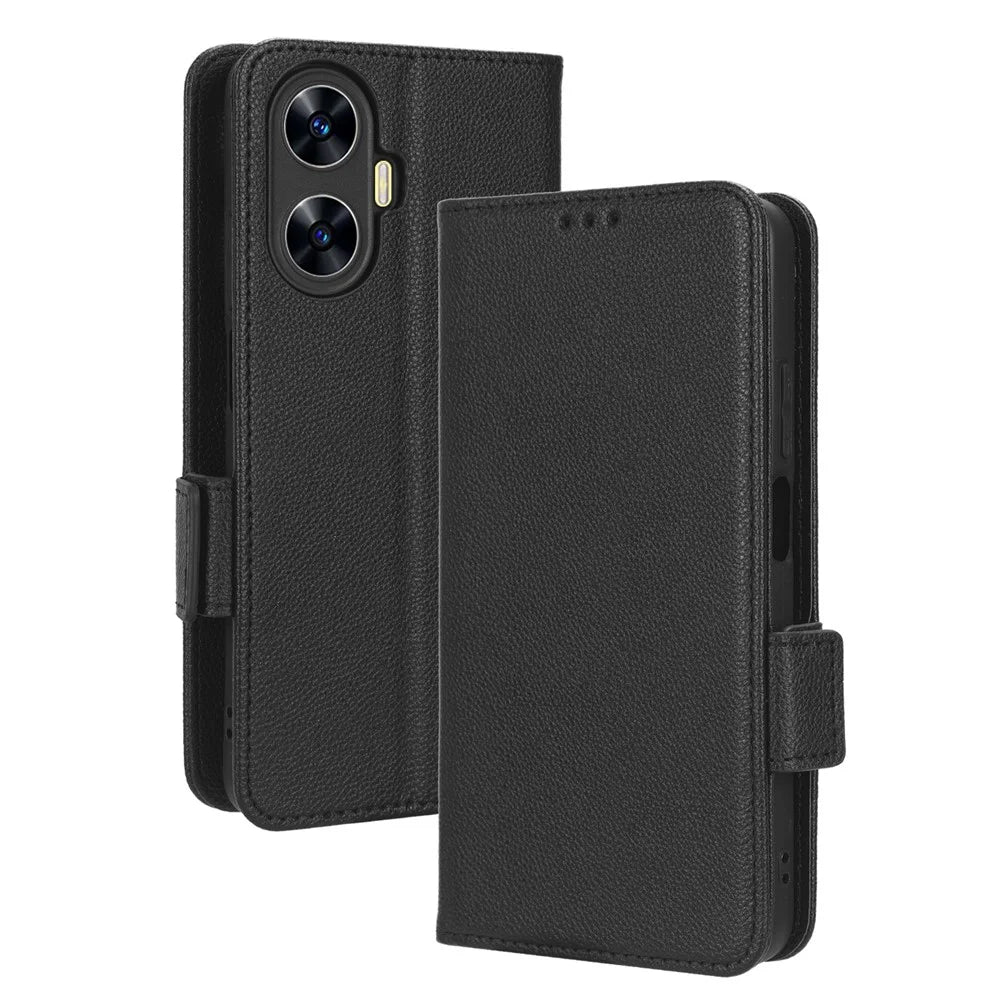 For Realme C55 / Narzo N55 4G Shockproof Leather Protective Case Litchi Texture Phone Stand Wallet Cover - Black - 4