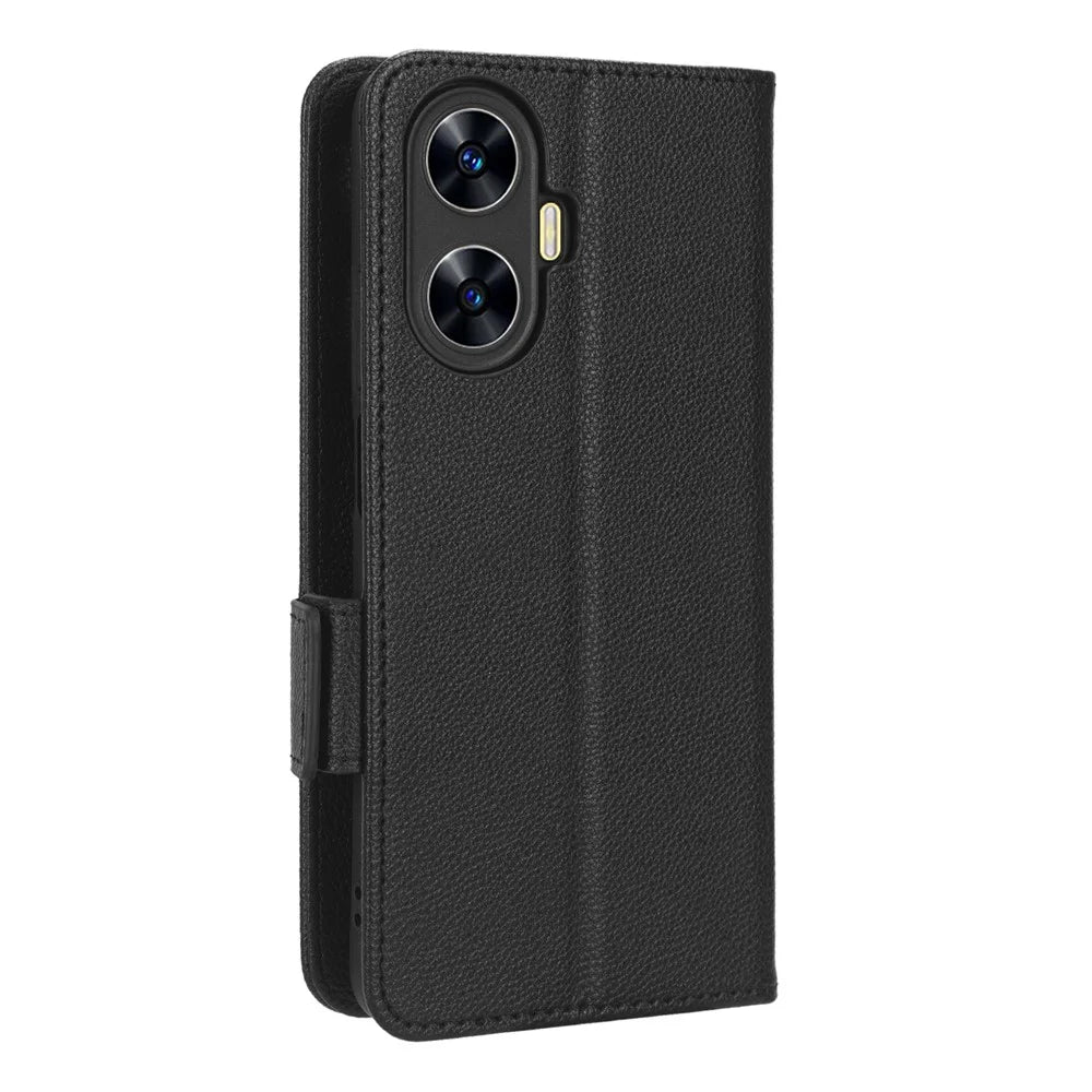 For Realme C55 / Narzo N55 4G Shockproof Leather Protective Case Litchi Texture Phone Stand Wallet Cover - Black - 6