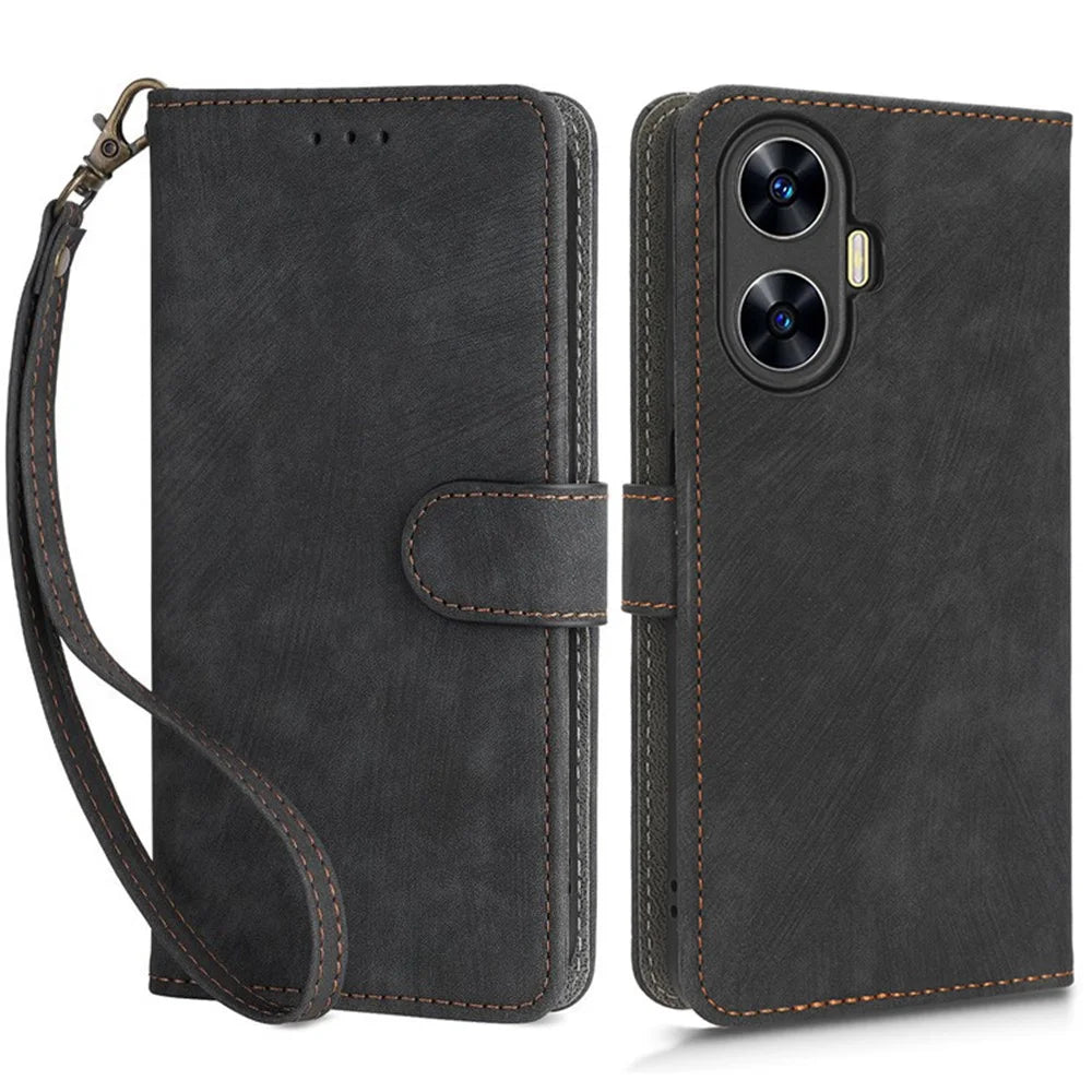 For Realme C55 4G / Narzo N55 4G RFID Blocking PU Leather Phone Case Stand Phone Wallet Cover with Strap - Black - 1