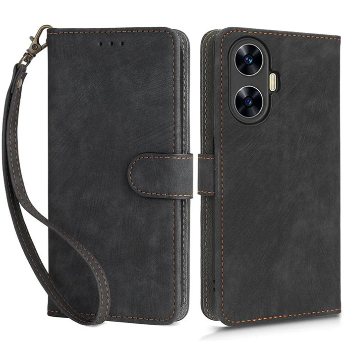 For Realme C55 4G / Narzo N55 4G RFID Blocking PU Leather Phone Case Stand Phone Wallet Cover with Strap - Black - 1