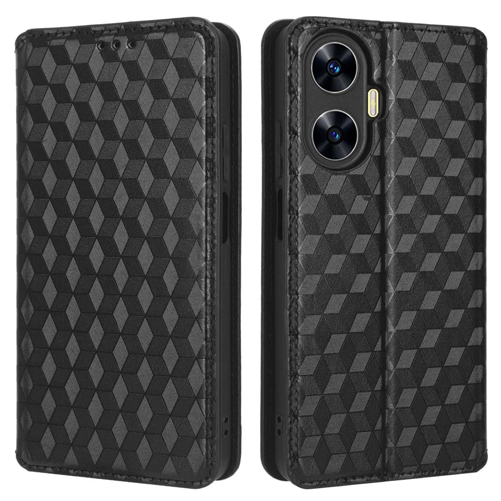 For Realme C55 4G / Narzo N55 4G Wallet Phone Cover PU Leather Stand Imprinted Rhombus Pattern Phone Case - Black - 1