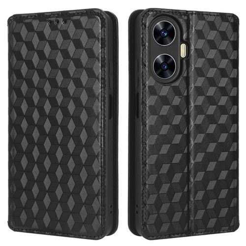 For Realme C55 4G / Narzo N55 4G Wallet Phone Cover PU Leather Stand Imprinted Rhombus Pattern Phone Case - Black - 1
