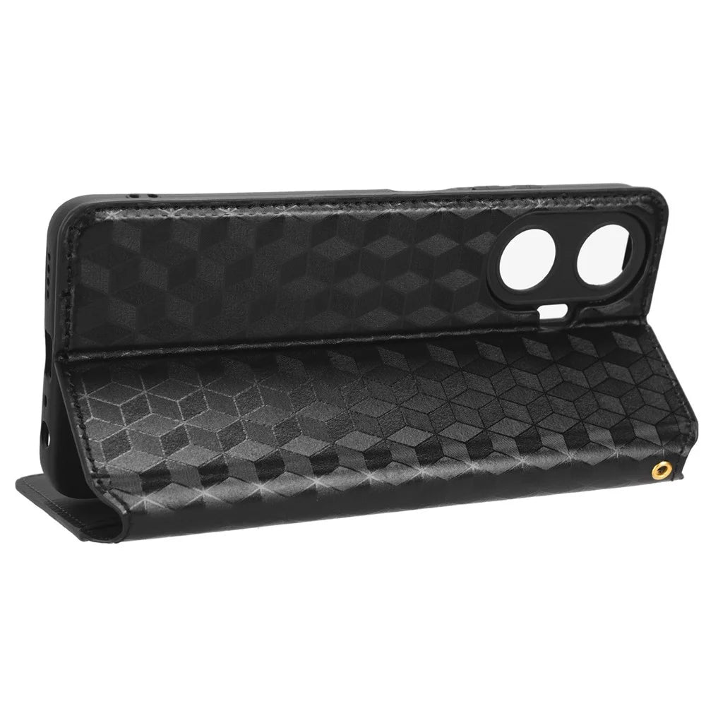 For Realme C55 4G / Narzo N55 4G Wallet Phone Cover PU Leather Stand Imprinted Rhombus Pattern Phone Case - Black - 3