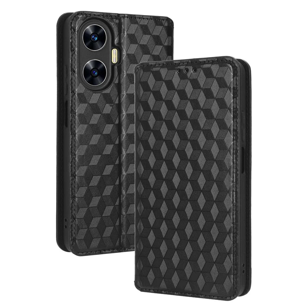 For Realme C55 4G / Narzo N55 4G Wallet Phone Cover PU Leather Stand Imprinted Rhombus Pattern Phone Case - Black - 5