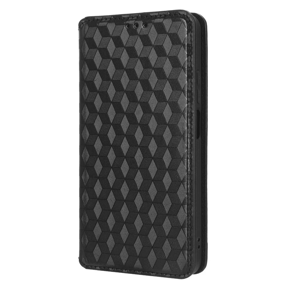 For Realme C55 4G / Narzo N55 4G Wallet Phone Cover PU Leather Stand Imprinted Rhombus Pattern Phone Case - Black - 6
