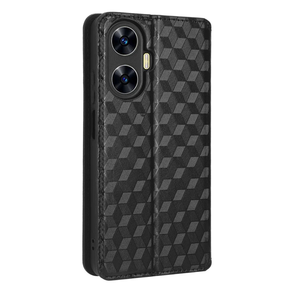 For Realme C55 4G / Narzo N55 4G Wallet Phone Cover PU Leather Stand Imprinted Rhombus Pattern Phone Case - Black - 7