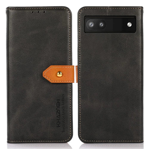 KHAZNEH For Google Pixel 7a Gold Button Magnetic Leather Wallet Cover Stand Cowhide Texture Phone Case - Black - 1
