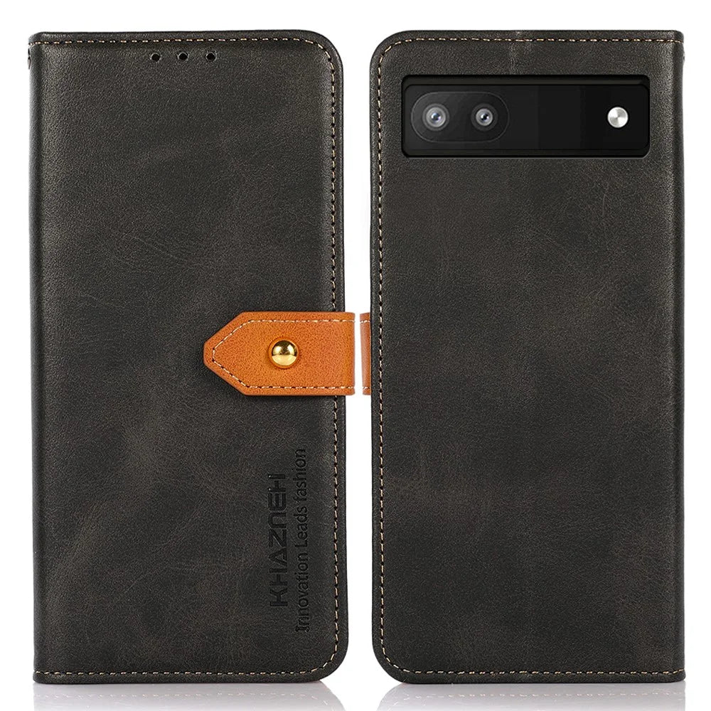 KHAZNEH For Google Pixel 7a Gold Button Magnetic Leather Wallet Cover Stand Cowhide Texture Phone Case - Black - 1