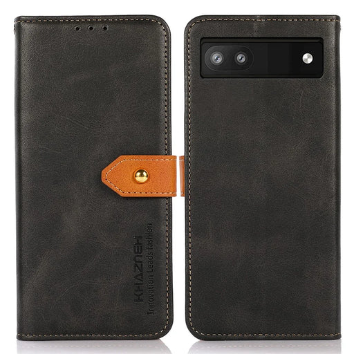 KHAZNEH For Google Pixel 7a Gold Button Magnetic Leather Wallet Cover Stand Cowhide Texture Phone Case - Black - 1