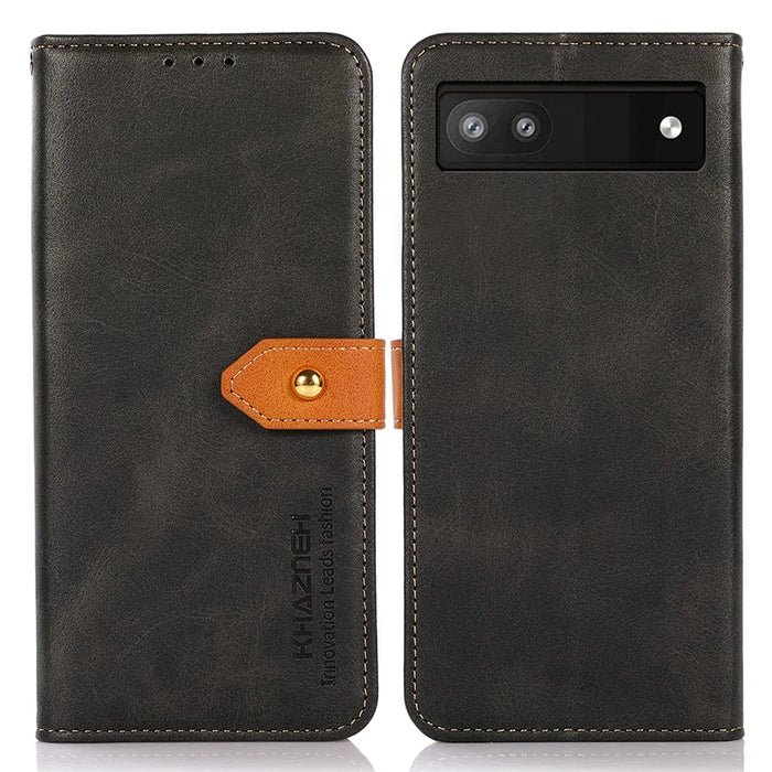 KHAZNEH For Google Pixel 7a Gold Button Magnetic Leather Wallet Cover Stand Cowhide Texture Phone Case - Black - 1