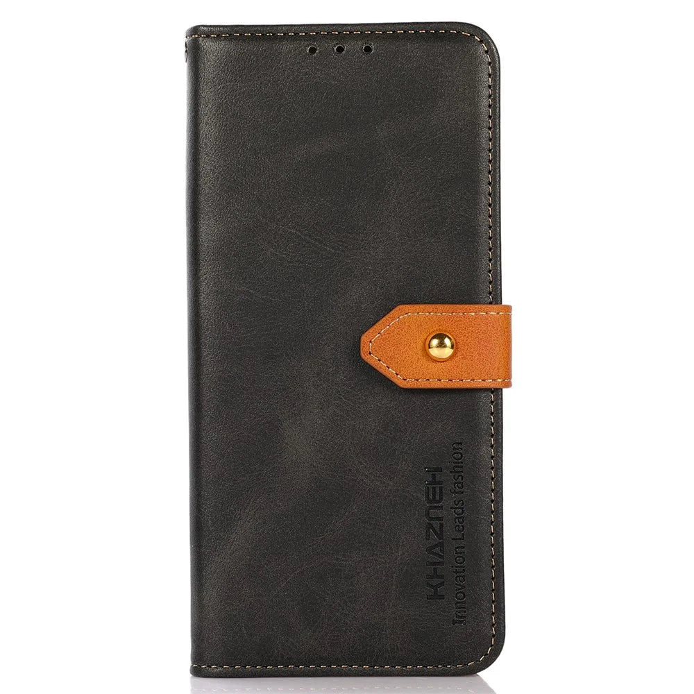 KHAZNEH For Google Pixel 7a Gold Button Magnetic Leather Wallet Cover Stand Cowhide Texture Phone Case - Black - 7