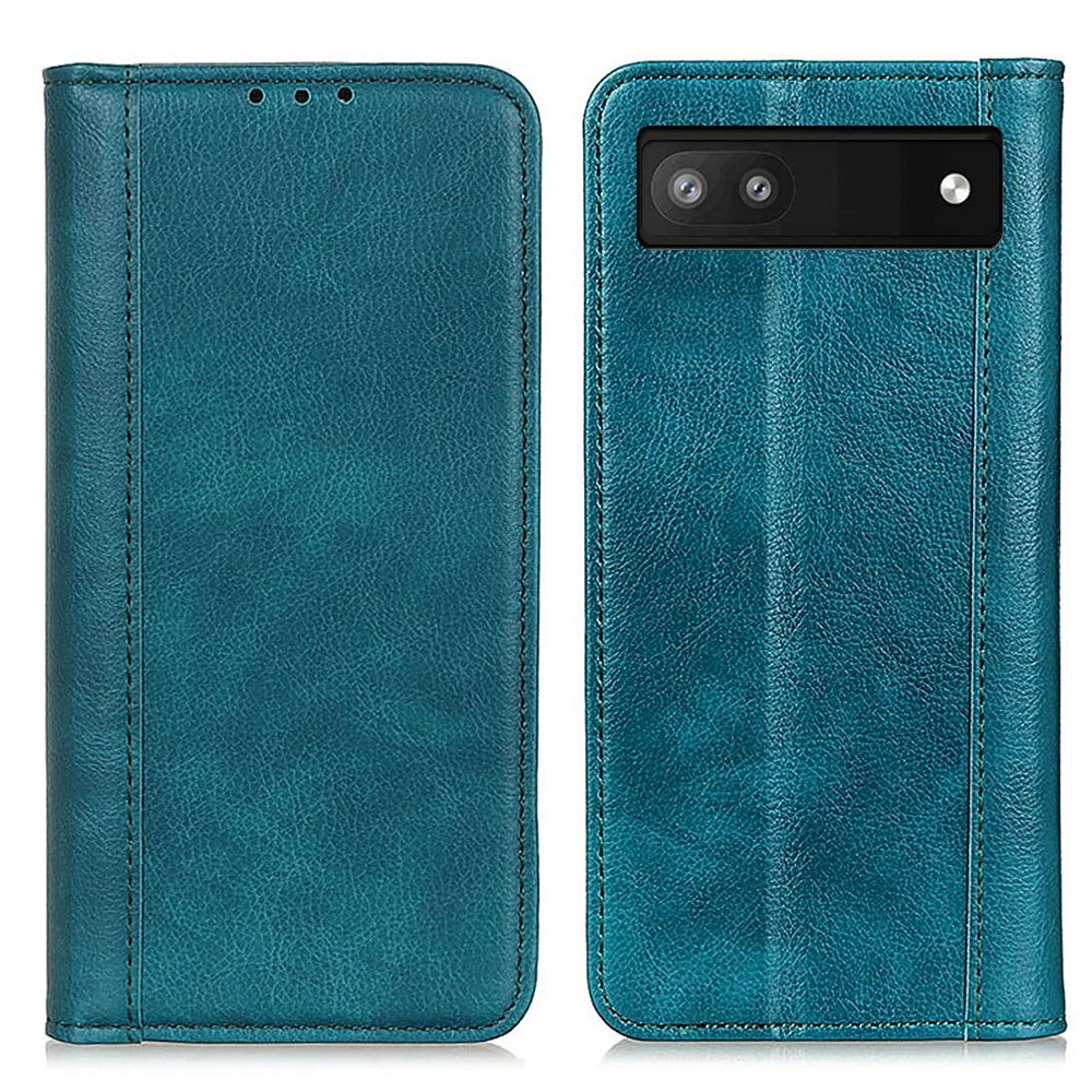 For Google Pixel 7a Split Leather Phone Case Litchi Texture Wallet Stand Flip Protective Cover - Green - 1