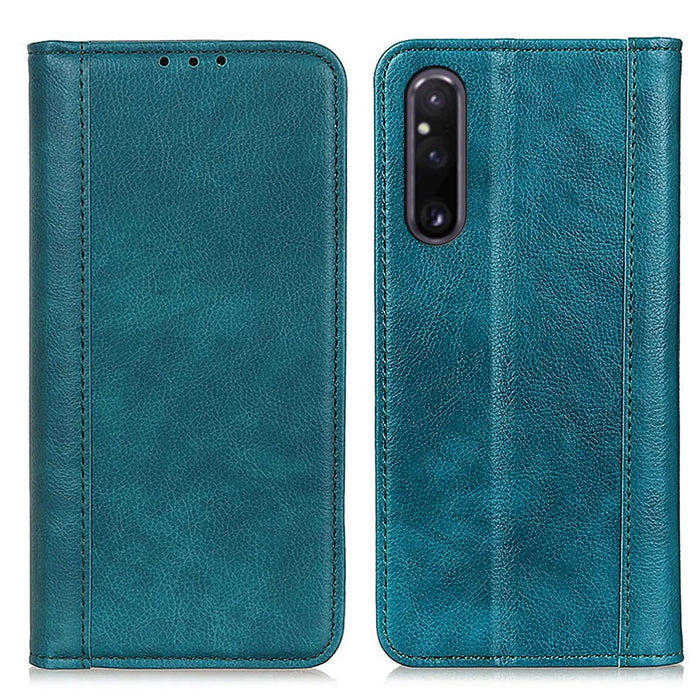 For Sony Xperia 1 V Litchi Texture Phone Case Split Leather Wallet Smartphone Stand Cover - Green - 1