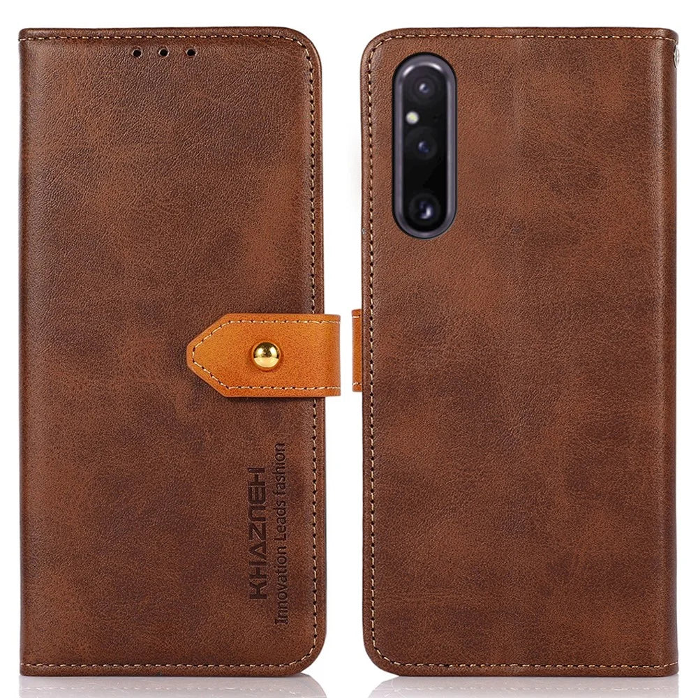 KHAZNEH PU Leather Cowhide Texture Phone Case for Sony Xperia 1 V Wallet Stand Phone Cover - Brown - 1