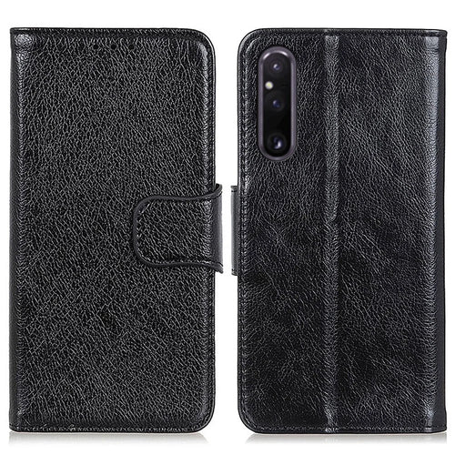 For Sony Xperia 1 V Split Leather Phone Case Nappa Texture Stand Wallet Magnetic Clasp Phone Cover - Black - 1