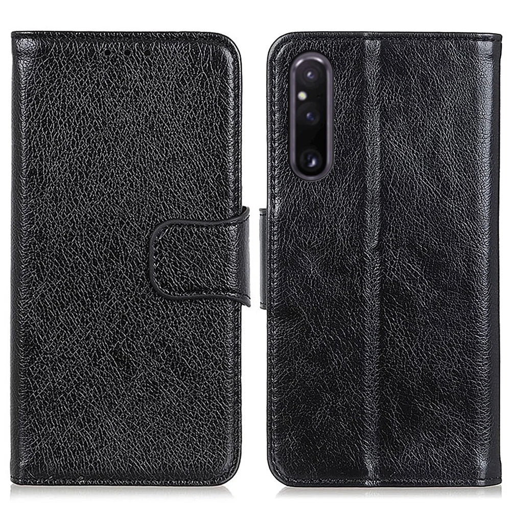 For Sony Xperia 1 V Split Leather Phone Case Nappa Texture Stand Wallet Magnetic Clasp Phone Cover - Black - 1