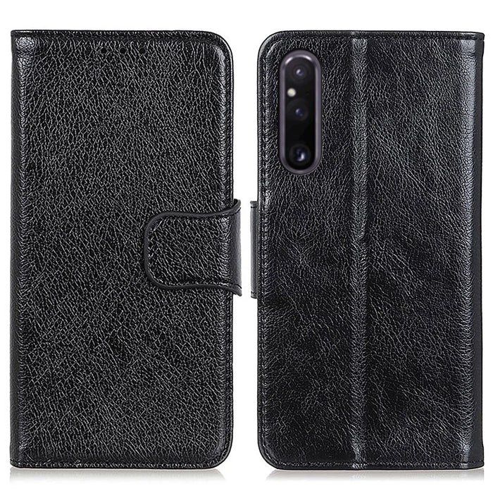 For Sony Xperia 1 V Split Leather Phone Case Nappa Texture Stand Wallet Magnetic Clasp Phone Cover - Black - 1