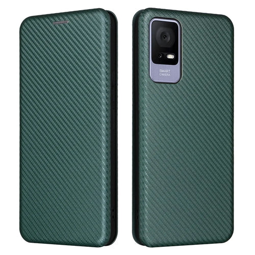 For TCL 408 Leather Stand Phone Cover Carbon Fiber Texture Phone Case with Card Slot - Green - 1