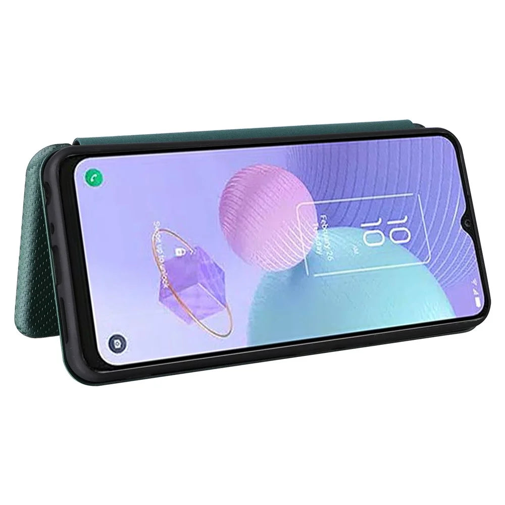 For TCL 408 Leather Stand Phone Cover Carbon Fiber Texture Phone Case with Card Slot - Green - 3