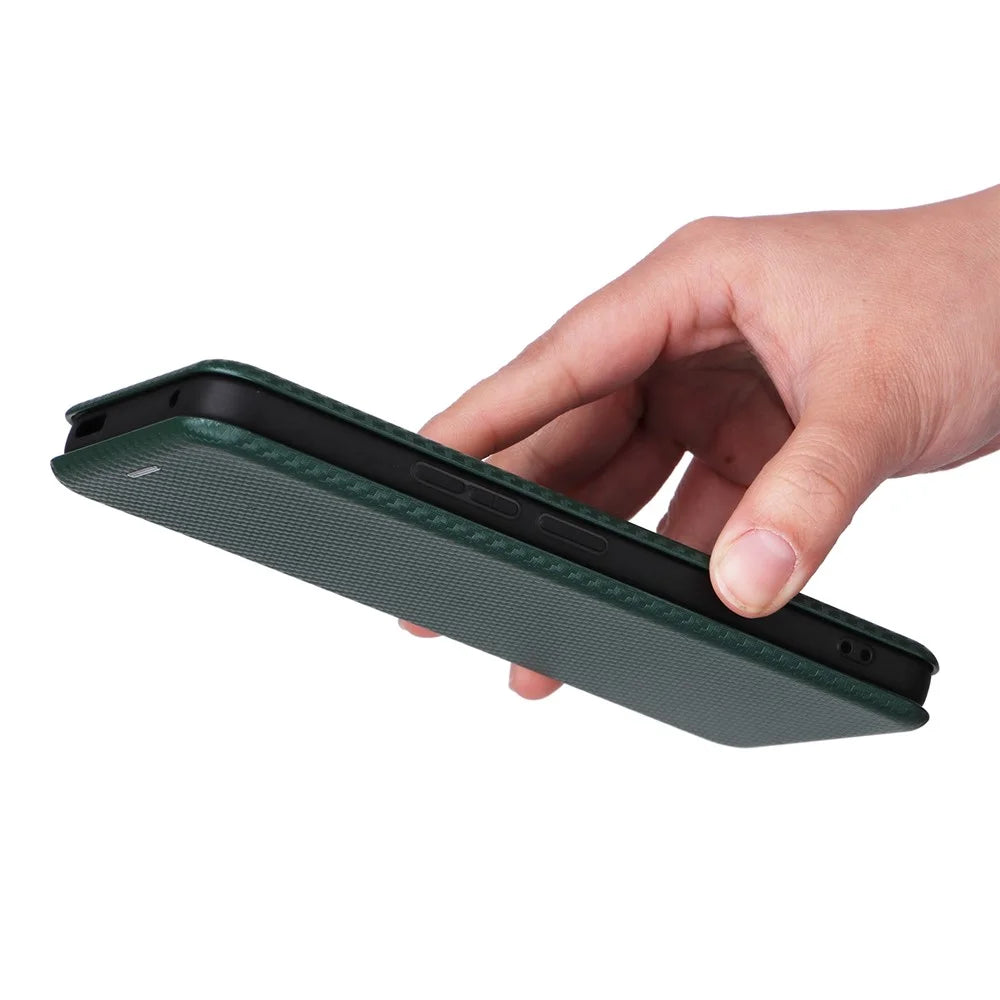 For TCL 408 Leather Stand Phone Cover Carbon Fiber Texture Phone Case with Card Slot - Green - 6