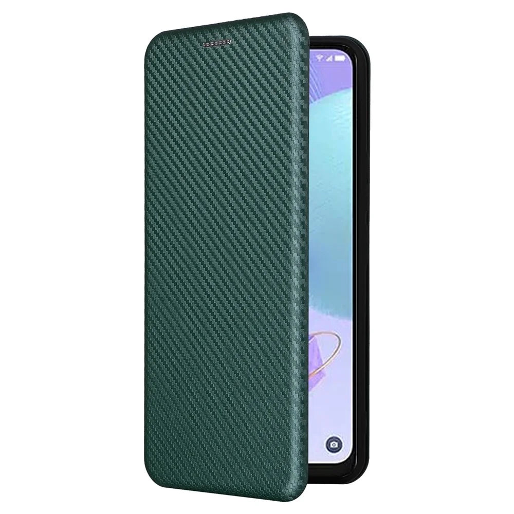 For TCL 408 Leather Stand Phone Cover Carbon Fiber Texture Phone Case with Card Slot - Green - 7