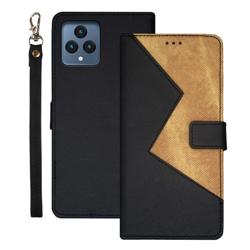 IDEWEI For T-Mobile REVVL 6 5G Card Slots Phone Case Color Splicing Leather Stand Cover with Wrist Strap - Black - 1