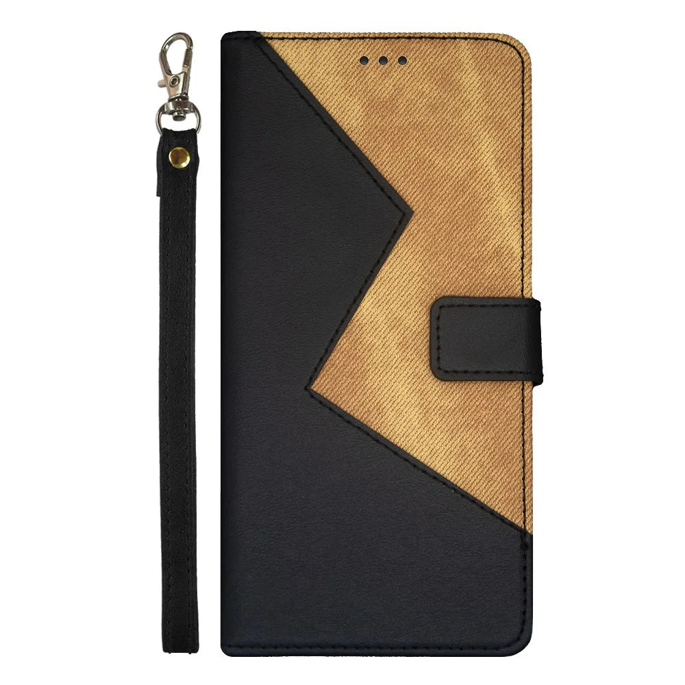 IDEWEI For T-Mobile REVVL 6 5G Card Slots Phone Case Color Splicing Leather Stand Cover with Wrist Strap - Black - 6