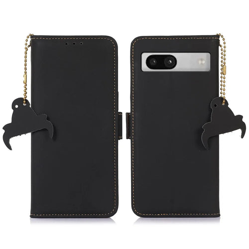 For Google Pixel 7a RFID Blocking Phone Cover Genuine Cow Leather Case with Stand Wallet - Black - 1