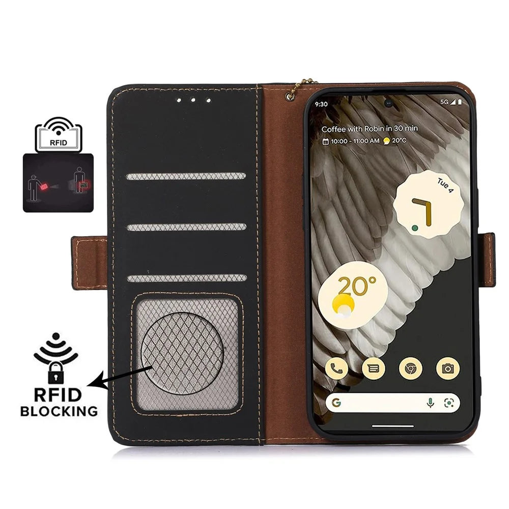 For Google Pixel 7a RFID Blocking Phone Cover Genuine Cow Leather Case with Stand Wallet - Black - 2