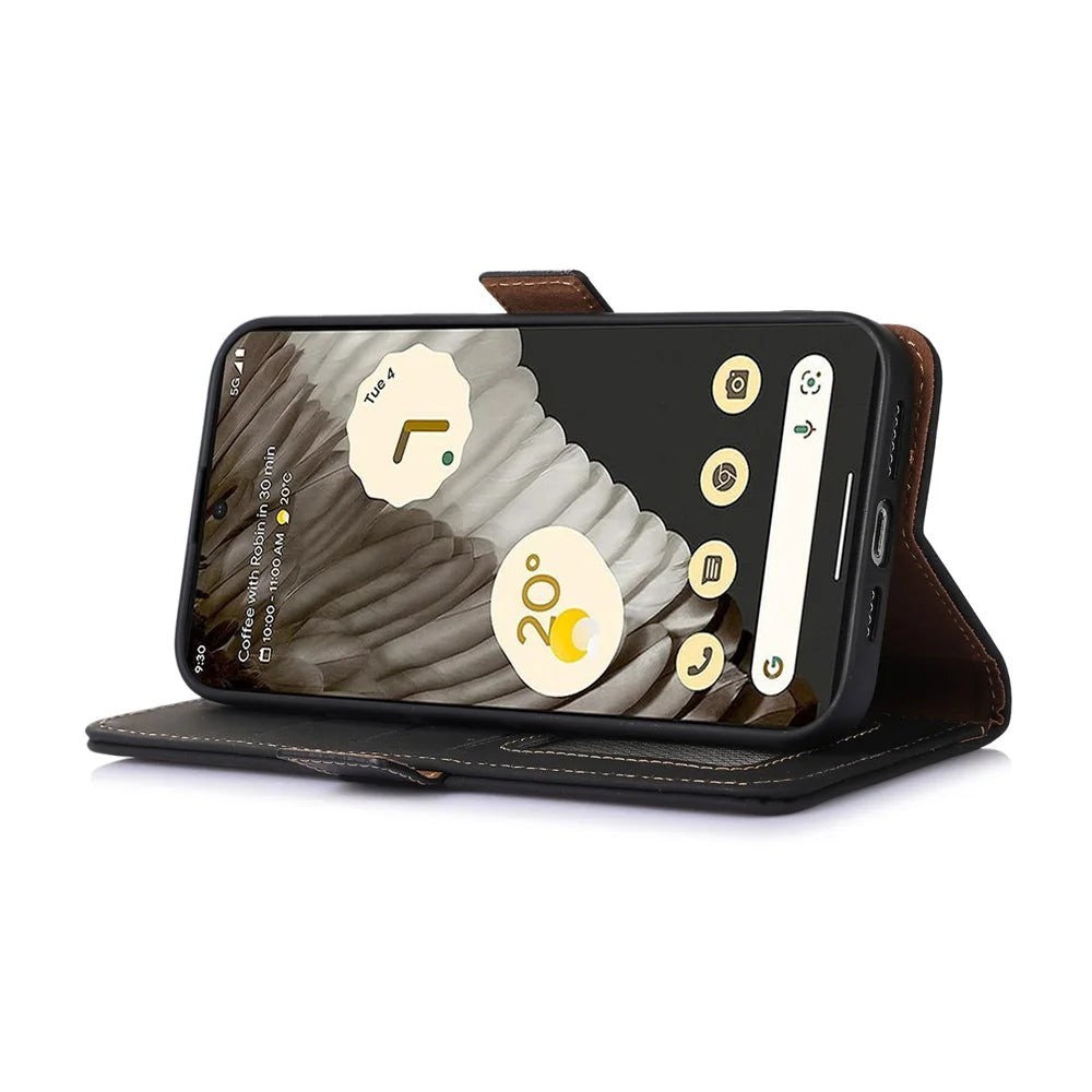 For Google Pixel 7a RFID Blocking Phone Cover Genuine Cow Leather Case with Stand Wallet - Black - 3