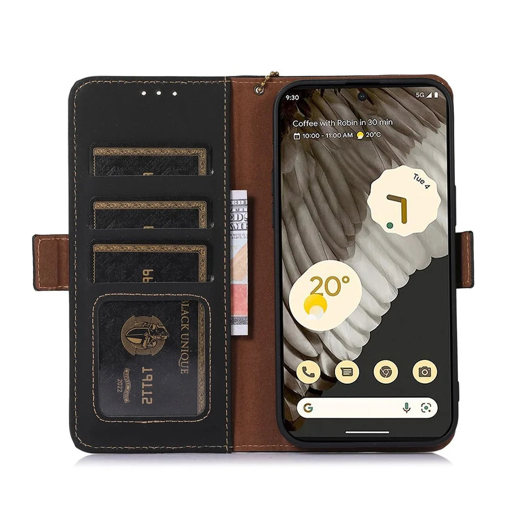 For Google Pixel 7a RFID Blocking Phone Cover Genuine Cow Leather Case with Stand Wallet - Black - 4