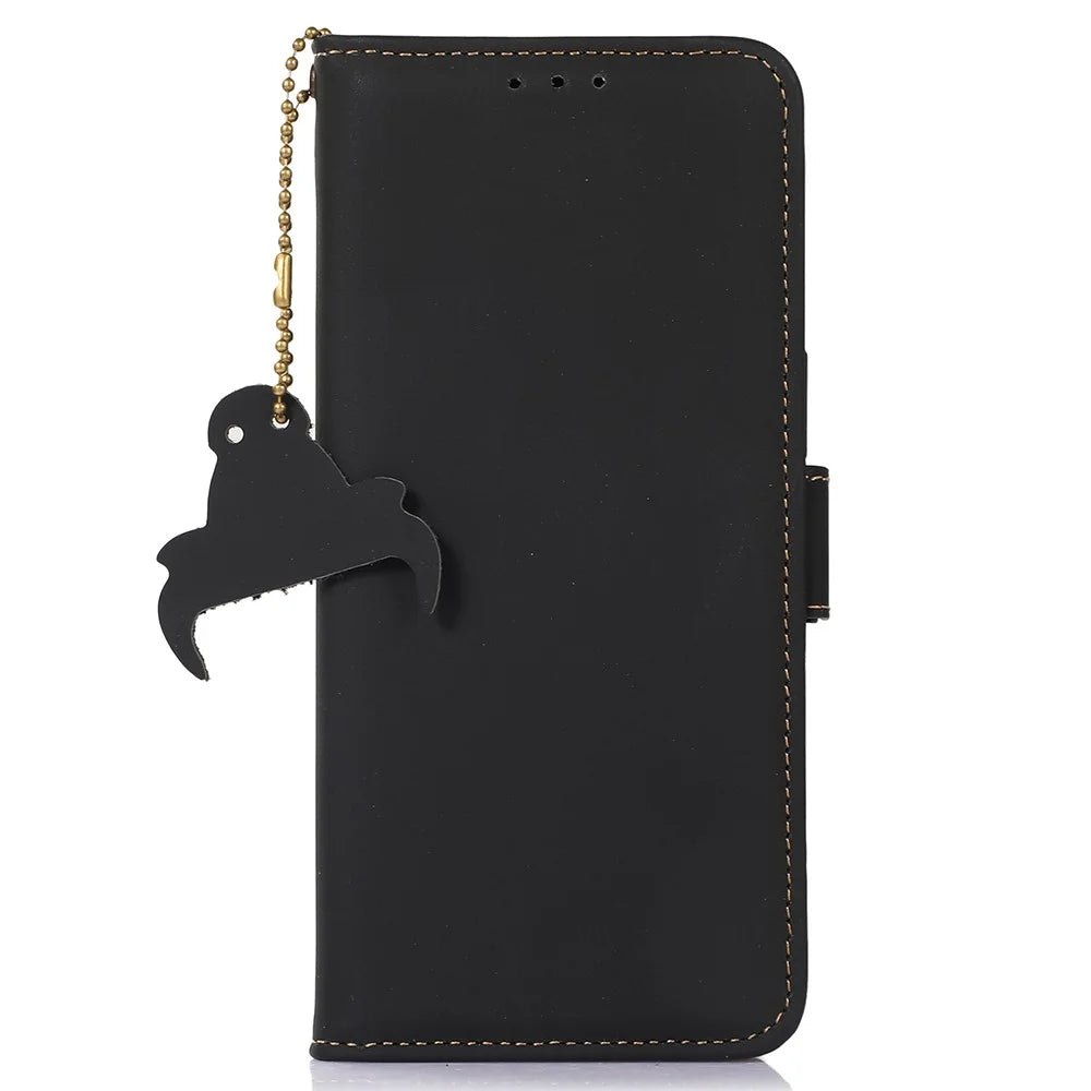 For Google Pixel 7a RFID Blocking Phone Cover Genuine Cow Leather Case with Stand Wallet - Black - 5